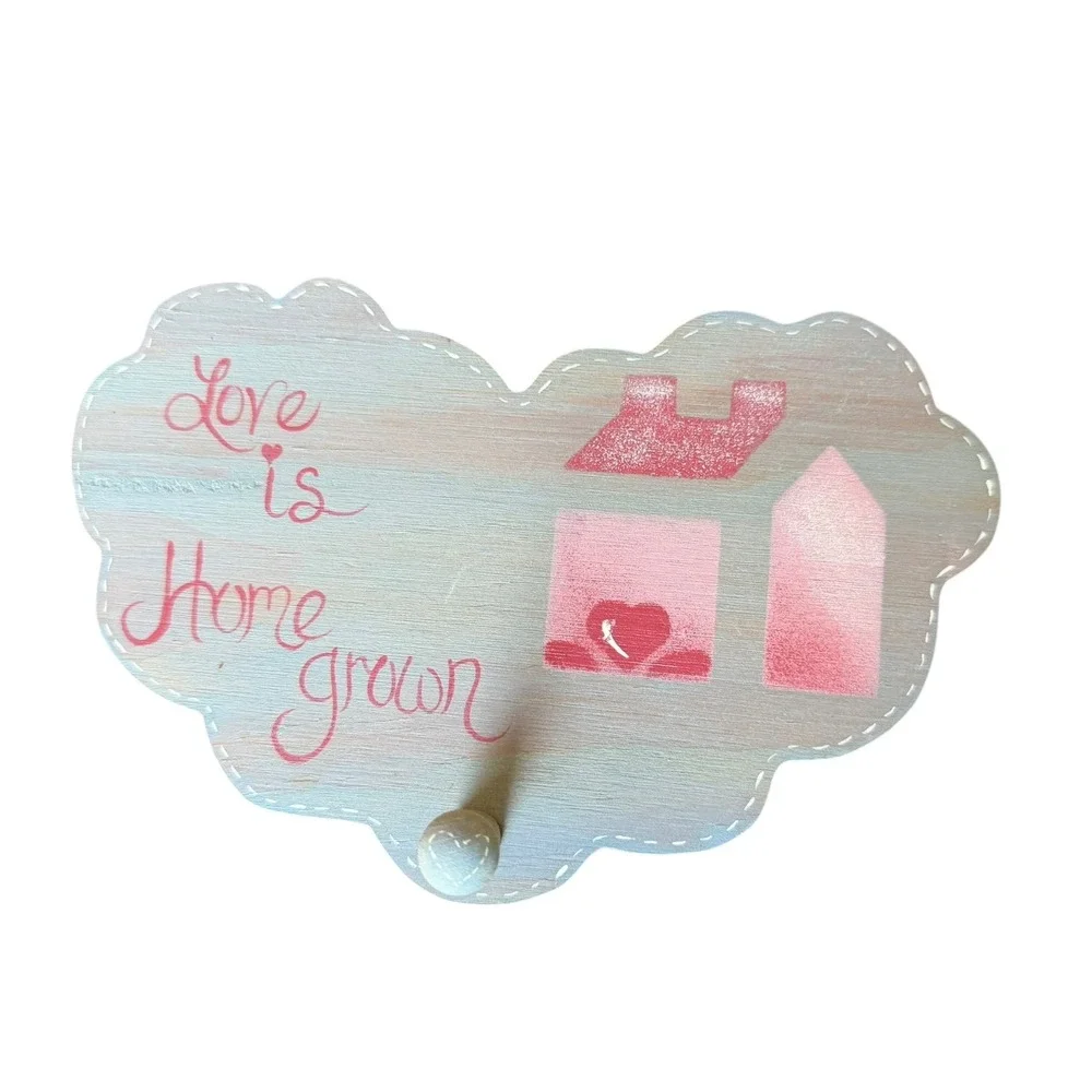Love is Home Grown Wooden Wall Plaque Single Peg Hook Blue Pink Cottagecore